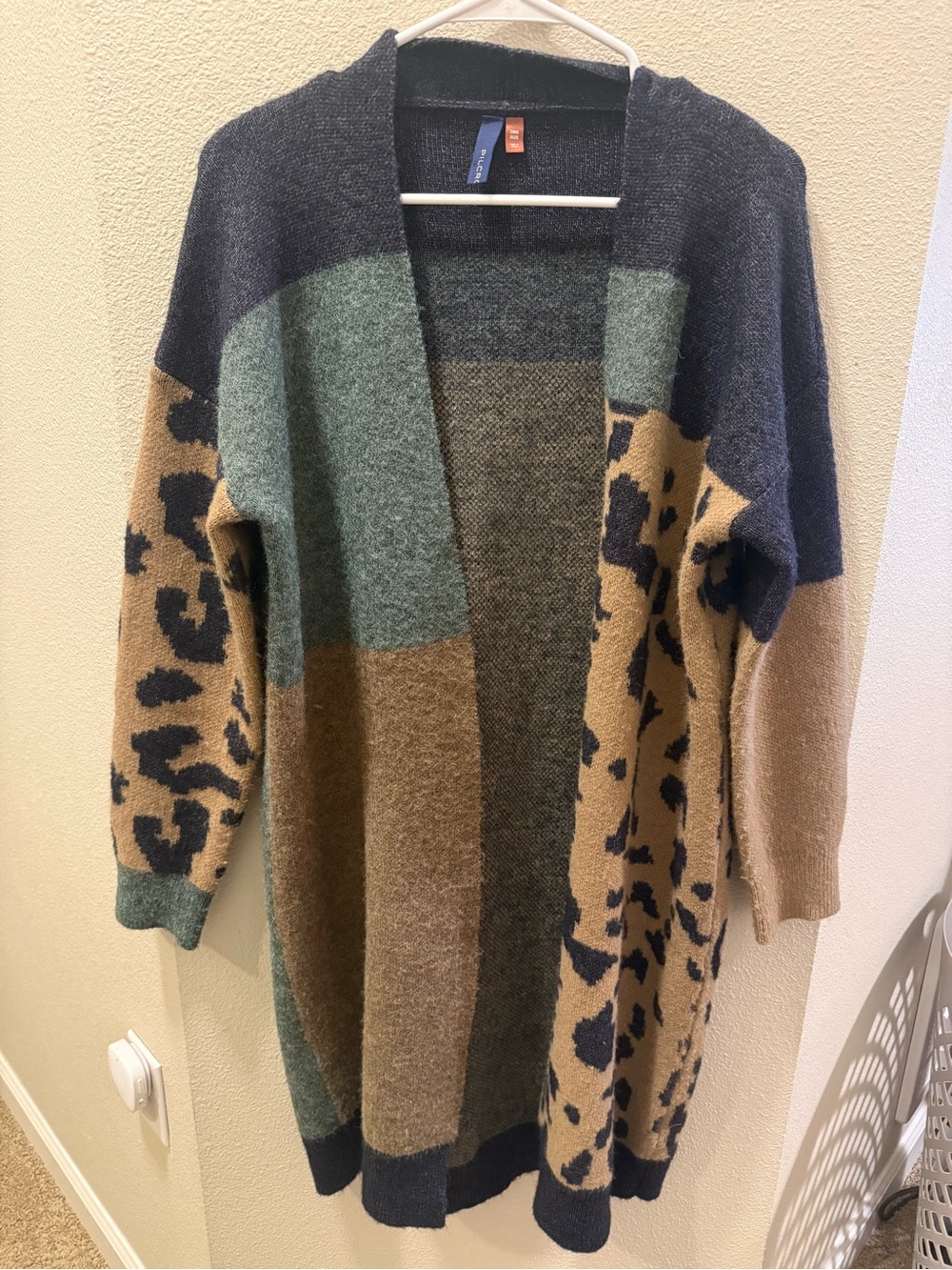 Pilcro Colorblock Leopard Open Cardigan - Green, Tan & Navy
